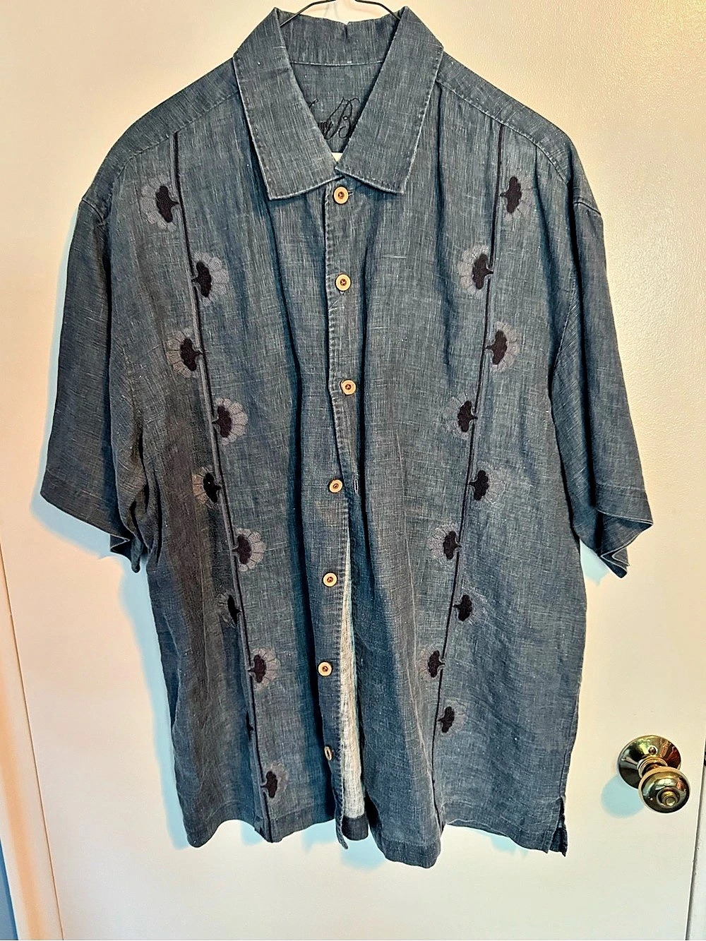 Robert Graham Men's Short Sleeve Shirt Linen Denim Large